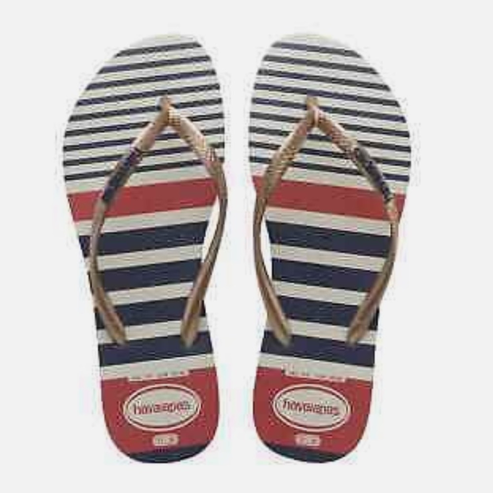 New! Havaianas in Red White and Navy Stripe with Rose Gold Strap